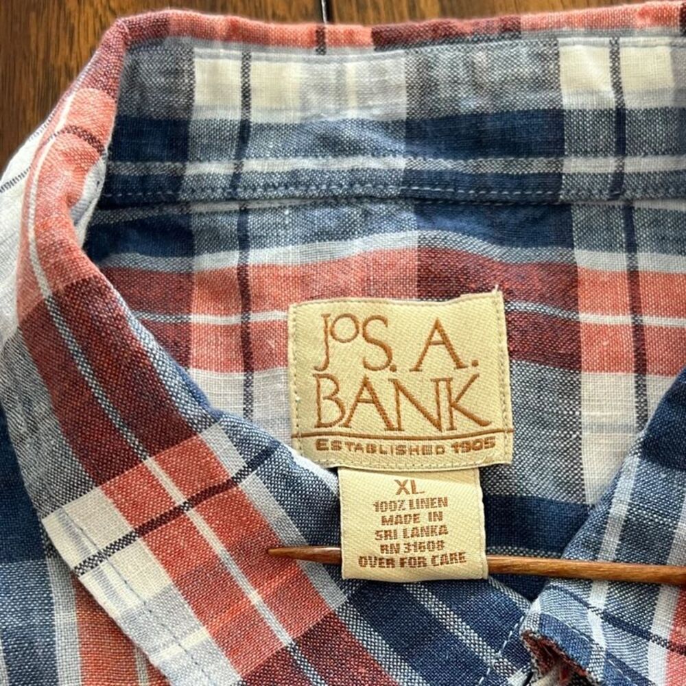 Jos. A. Bank Men’s XL 100% Linen Plaid Short Sleeve Shirt Red White Blu